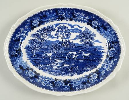 English Scenic Blue (Scalloped) 11" Oval Serving Platter