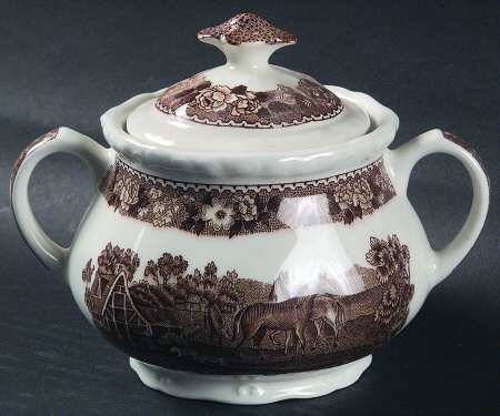 English Scenic Brown (Scalloped) Sugar Bowl & Lid