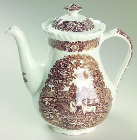 English Scenic Brown (Scalloped) Small Coffee Pot & Lid