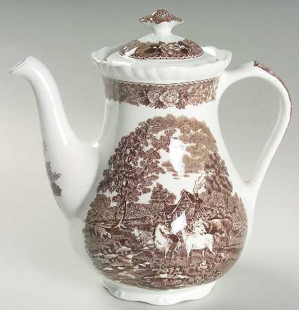 English Scenic Brown (Scalloped) Coffee Pot & Lid