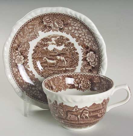 English Scenic Brown (Scalloped) Flat Cup & Saucer Set
