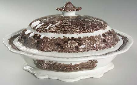 English Scenic Brown (Scalloped) Oval Covered Vegetable