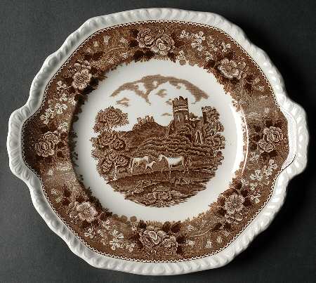 English Scenic Brown (Scalloped) Handled Cake Plate