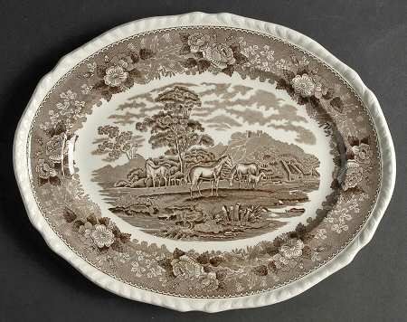 English Scenic Brown (Scalloped) 13" Oval Serving Platter