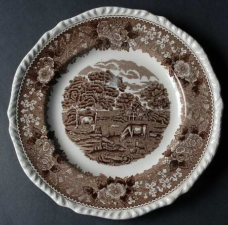 English Scenic Brown (Scalloped) Luncheon Plate