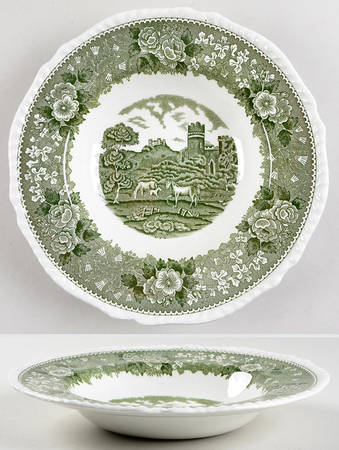 English Scenic Green (Scalloped) Large Rim Soup Bowl