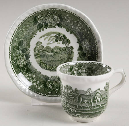 English Scenic Green (Scalloped) Flat Demitasse Cup & Saucer Set