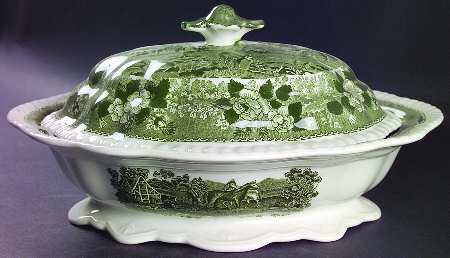 English Scenic Green (Scalloped) Oval Covered Vegetable