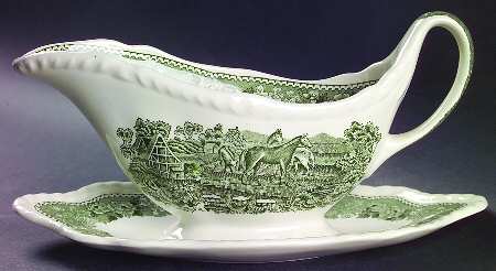 English Scenic Green (Scalloped) Gravy Boat with Attached Underplate
