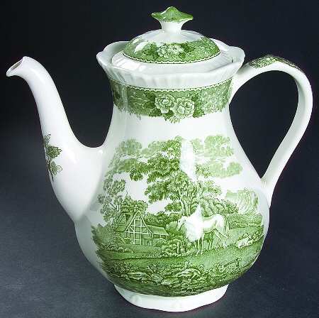 English Scenic Green (Scalloped) Coffee Pot & Lid by Adams China