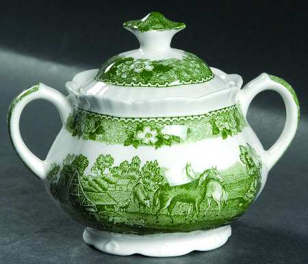 English Scenic Green (Scalloped) Sugar Bowl & Lid