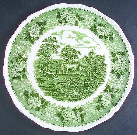 English Scenic Green (Scalloped) Cake Plate