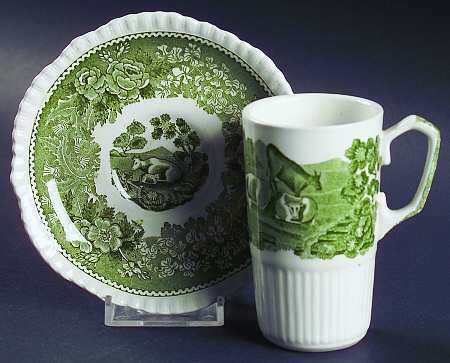English Scenic Green (Scalloped) Irish Coffee Cup and Saucer Set