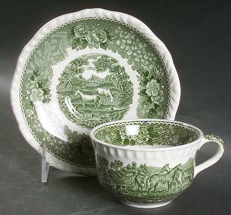 English Scenic Green (Scalloped) Flat Cup & Saucer Set