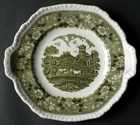 English Scenic Green (Scalloped) Handled Cake Plate