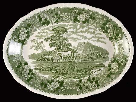English Scenic Green (Scalloped) 12" Oval Serving Platter
