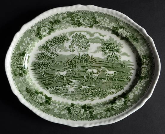English Scenic Green (Scalloped) 11" Oval Serving Platter