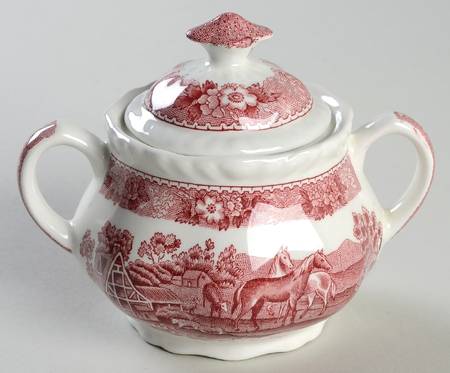 English Scenic Pink (Newer, Scalloped) Sugar Bowl & Lid