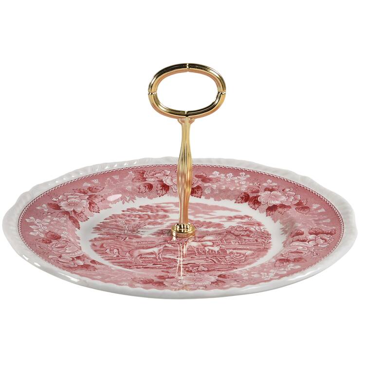 English Scenic Pink (Newer, Scalloped) Round Serving Plate with Center Handle (Dp) Hc