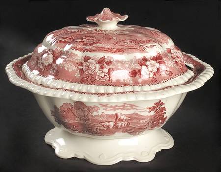 English Scenic Pink (Newer, Scalloped) Tureen &  Lid