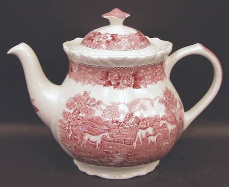 English Scenic Pink (Newer, Scalloped) Teapot & Lid