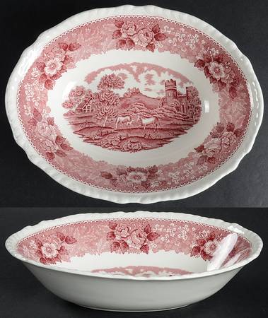 English Scenic Pink (Newer, Scalloped) 9" Oval Vegetable Bowl