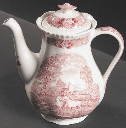 English Scenic Pink (Newer, Scalloped) Small Coffee Pot & Lid