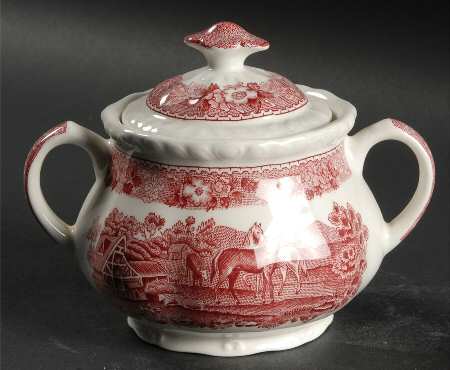 English Scenic Pink (Newer, Scalloped) Sugar Bowl & Lid