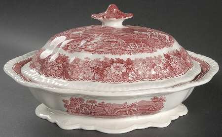 English Scenic Pink (Newer, Scalloped) Oval Covered Vegetable