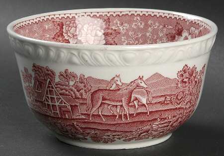 English Scenic Pink (Newer, Scalloped) Cranberry Bowl