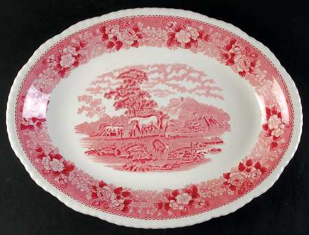 English Scenic Pink (Newer, Scalloped) 14" Oval Serving Platter