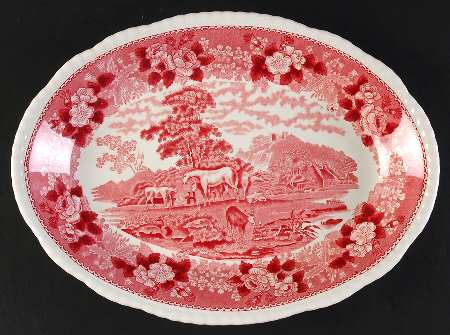 English Scenic Pink (Newer, Scalloped) 12" Oval Serving Platter