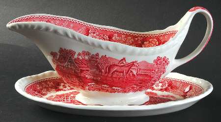 English Scenic Pink (Newer, Scalloped) Gravy Boat & Underplate/Relish
