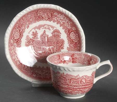 English Scenic Pink (Newer, Scalloped) Oversized Cup & Saucer Set