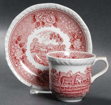 English Scenic Pink (Newer, Scalloped) Flat Demitasse Cup & Saucer Set