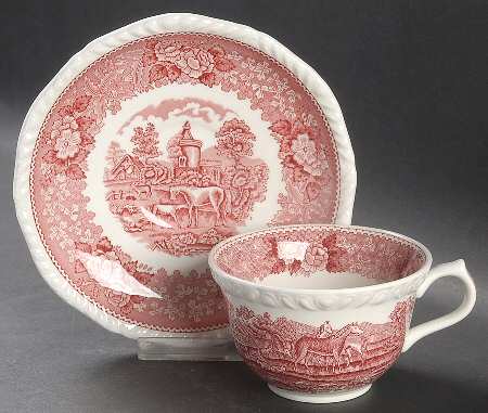 English Scenic Pink (Newer, Scalloped) Flat Cup & Saucer Set