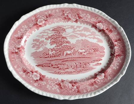 English Scenic Pink (Newer, Scalloped) 13" Oval Serving Platter