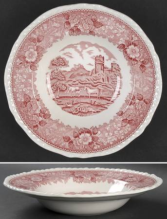 English Scenic Pink (Newer, Scalloped) Rim Soup Bowl