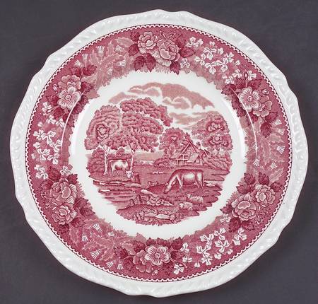 English Scenic Pink (Newer, Scalloped) Luncheon Plate