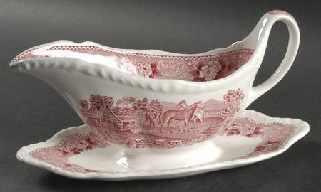 English Scenic Pink (Newer, Scalloped) Gravy Boat with Attached Underplate