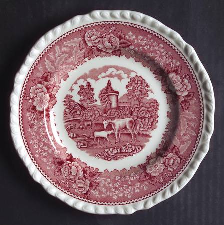 English Scenic Pink (Newer, Scalloped) Dessert/Pie Plate