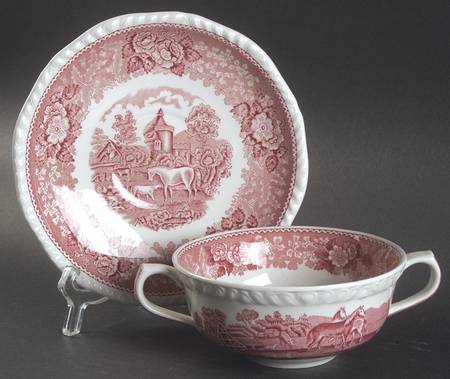 English Scenic Pink (Newer, Scalloped) Flat Cream Soup Bowl & Saucer Set
