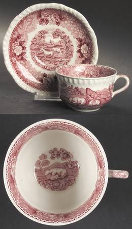 English Scenic Pink (Newer, Scalloped) Flat Cup & Saucer Set