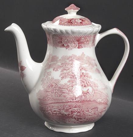 English Scenic Pink (Newer, Scalloped) Coffee Pot & Lid