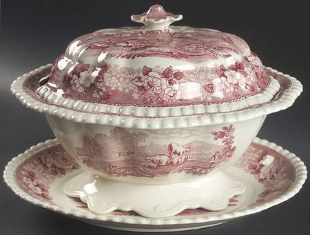 English Scenic Pink (Newer, Scalloped) Tureen & Lid w/Underplate