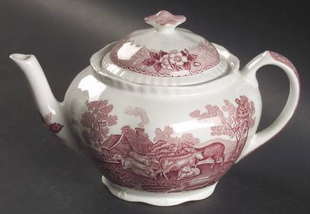 English Scenic Pink (Newer, Scalloped) Teapot & Lid