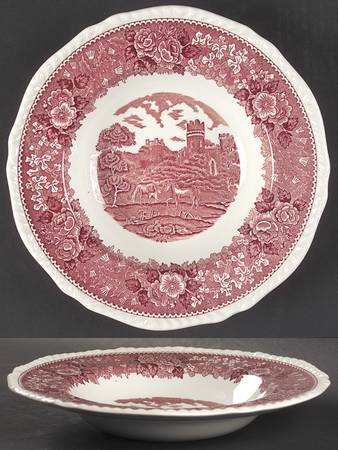 English Scenic Pink (Newer, Scalloped) Large Rim Soup Bowl
