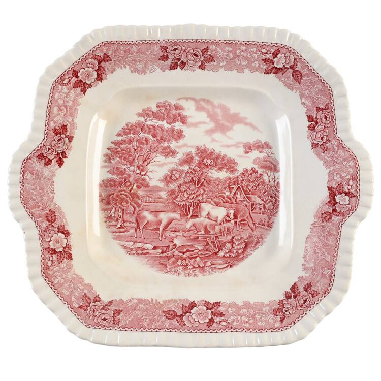English Scenic Pink (Older-Cream) Square Handled Cake Plate