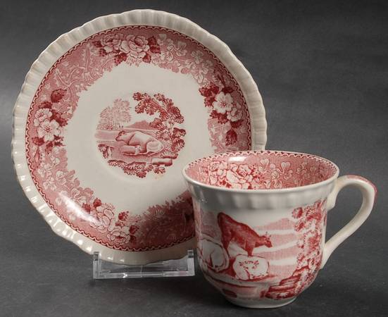 English Scenic Pink (Older-Cream) Flat Demitasse Cup & Saucer Set