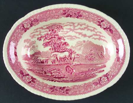 English Scenic Pink (Older-Cream) 10" Oval Vegetable Bowl